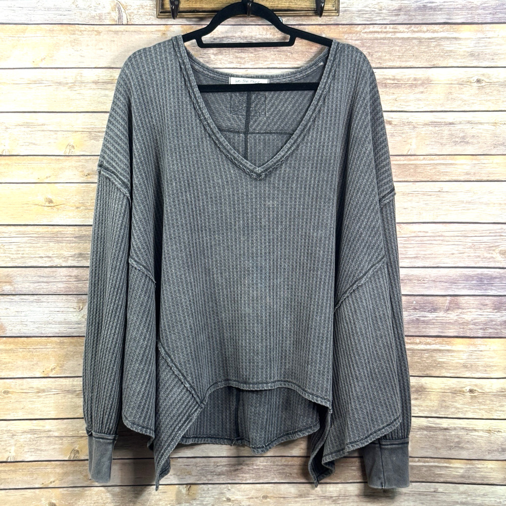 We The Free Womens Gray Waffleknit V-Neck Coraline Thermal Oversized Relaxed Top